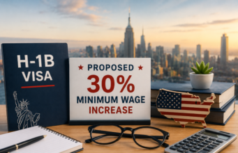 US Plans Higher H-1B Visa Minimum Wage, Proposes 30% Salary Increase Conceptual illustration of the proposed H-1B visa minimum wage increase in the US, featuring an H-1B visa booklet, a 30% wage increase sign, office desk items, and an American city skyline in the background.