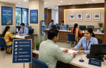 Indian Bank Holidays in August 2026: Complete State-wise Calendar A modern bank branch interior with customers receiving assistance from bank staff at service counters in a clean, spacious, and well-lit banking hall.