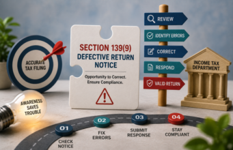 How to Respond to a Section 139(9) Defective Return Notice: A Step-by-Step Guide for Taxpayers illustration of a Section 139(9) Defective Return notice with steps to review, correct ITR errors, and respond before the deadline.