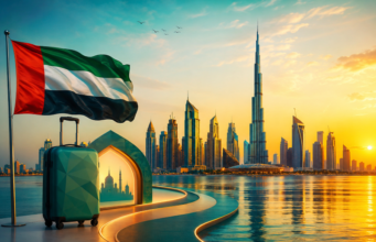 UAE Revises Entry Rules for Indians; UK Residence Permit No Longer Eligible Conceptual travel illustration of the UAE skyline at sunrise with a modern suitcase, flowing pathway, waterfront reflections, and the UAE flag, symbolizing updated travel and entry regulations for international visitors.