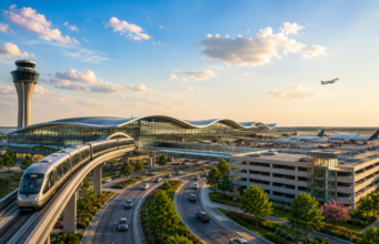 Washington Dulles Airport Set for Historic $22.5 Billion Redevelopment with Major Infrastructure Upgrades Aerial view of a modern international airport with a glass terminal, elevated airport train, parking garage, aircraft, and passenger transport infrastructure.