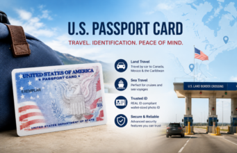 What Is a US Passport Card? Eligibility, Fees, and Travel Rules Conceptual illustration of a U.S. passport card with travel icons, a border crossing, and a North America map, highlighting land and sea travel, REAL ID compliance, and secure identification.