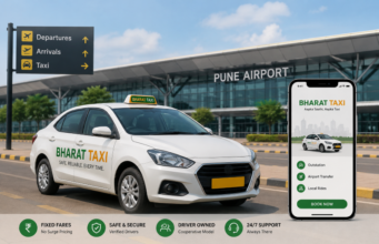 Bharat Taxi Is Now Available at Pune Airport: Check Fares & Services Bharat Taxi car and mobile booking app displayed outside Pune Airport, highlighting fixed fares, safety, driver ownership and 24/7 support.