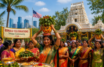 Bonalu USA 2026: How NRIs Can Celebrate the Festival Women in traditional Telangana attire celebrate Bonalu in the USA with decorated Bonam pots, cultural festivities, and a Hindu temple in the background.