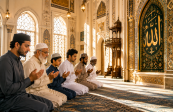 When Is Eid Milad-un-Nabi 2026?: Date, Seerah, Holiday & Celebrations Muslims of different ages praying together inside a beautifully decorated mosque during Milad-un-Nabi.