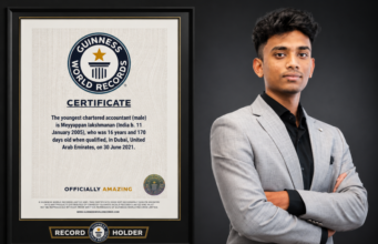 Meet Lakshmanan Meyyappan: World’s Youngest Male Chartered Accountant & Guinness World Record Holder at 16 Guinness World Records certificate featuring the youngest male chartered accountant on the left and a young Indian man in a gray blazer on the right.
