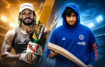 Vaibhav Suryavanshi Outperforms Chris Gayle in Runs, Average, and Strike Rate Conceptual landscape collage of Chris Gayle and Vaibhav Suryavanshi holding cricket bats in a dramatic stadium background, highlighting the comparison between the T20 legend and the rising Indian batting sensation.