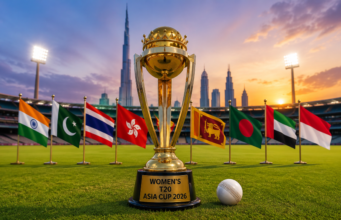 Women’s Asia Cup 2026 Schedule: India vs Pakistan Date, Groups & Full Fixtures Conceptual illustration of the Women's T20 Asia Cup featuring a cricket trophy on the field inside a modern Dubai stadium, with a cricket ball, colorful team flags, and the Dubai skyline in the background under a sunset sky.