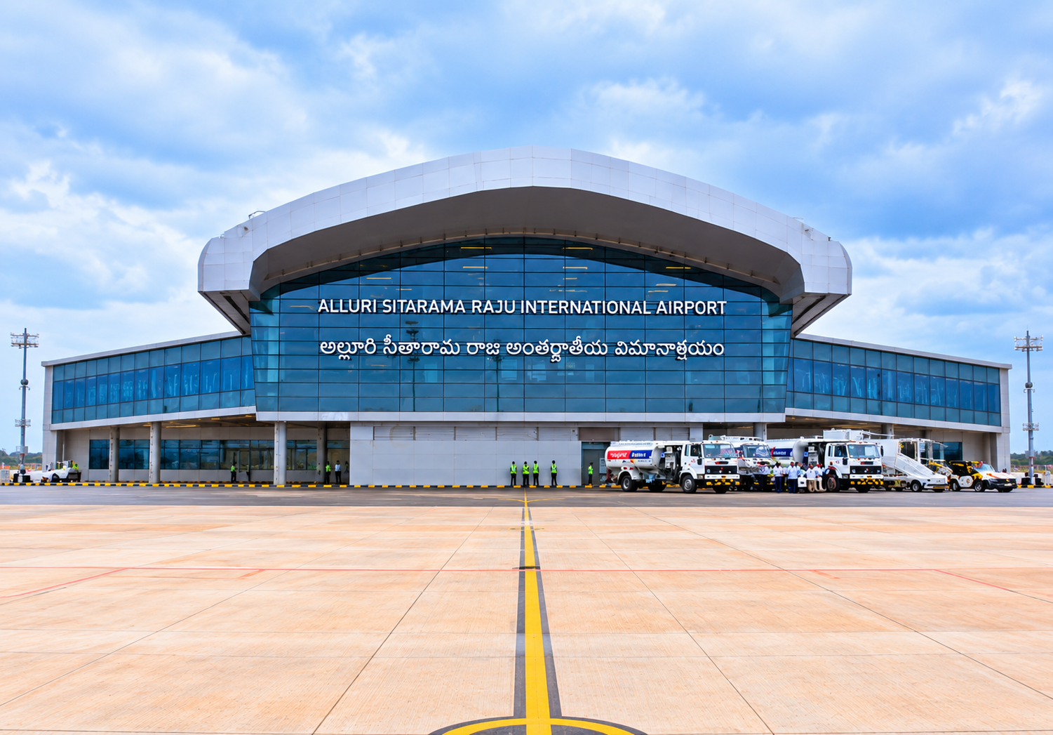Front view of Alluri Sitarama Raju International Airport terminal in Bhogapuram, Andhra Pradesh.